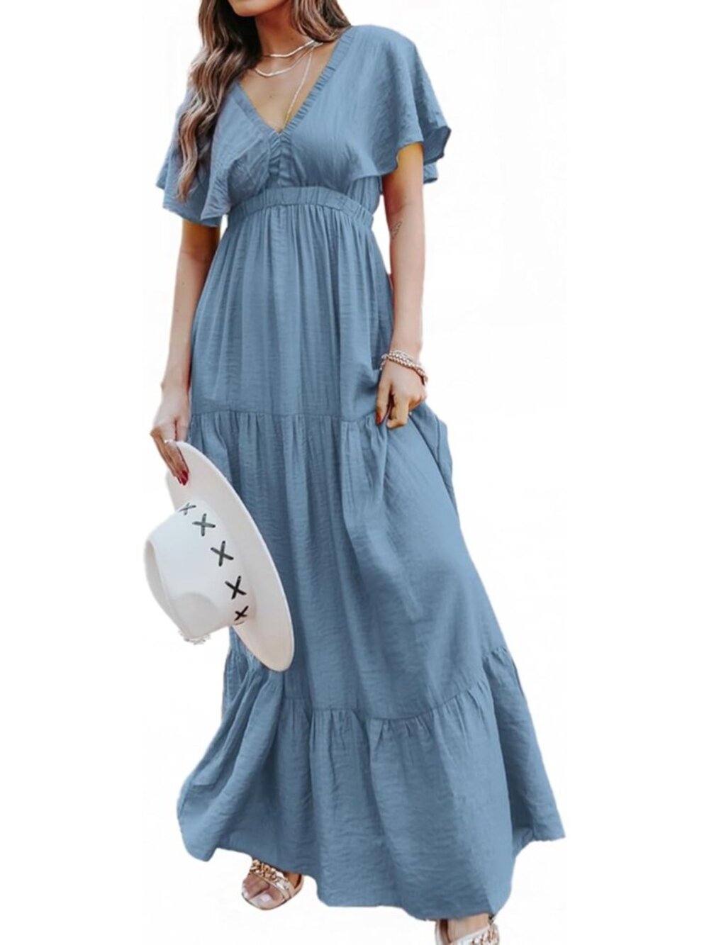 Floral V Neck Maxi Dress for Women | Casual Boho Beach Ruffle Short Sleeve
